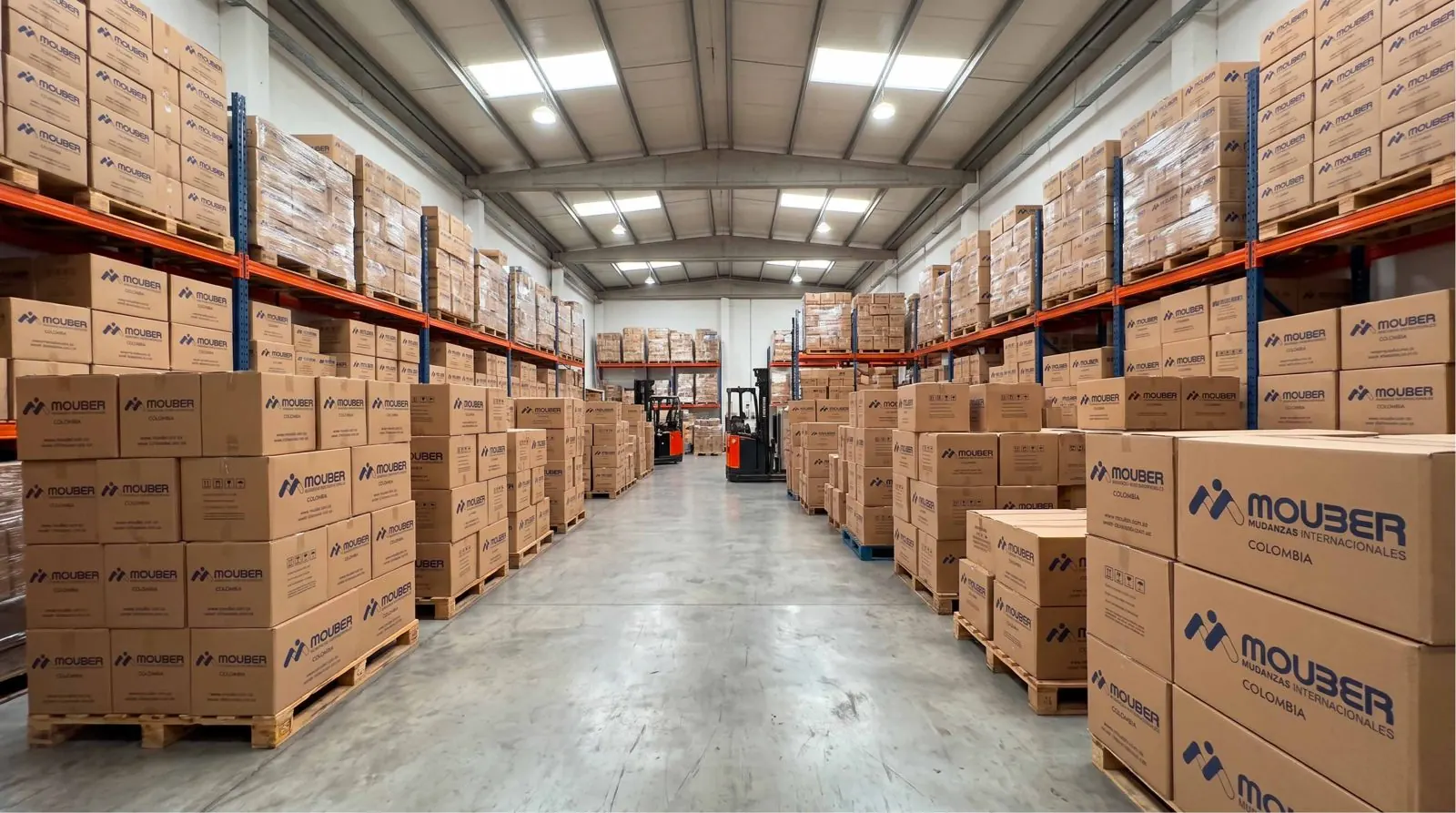 Mouber warehouse with shelving and stored moving boxes