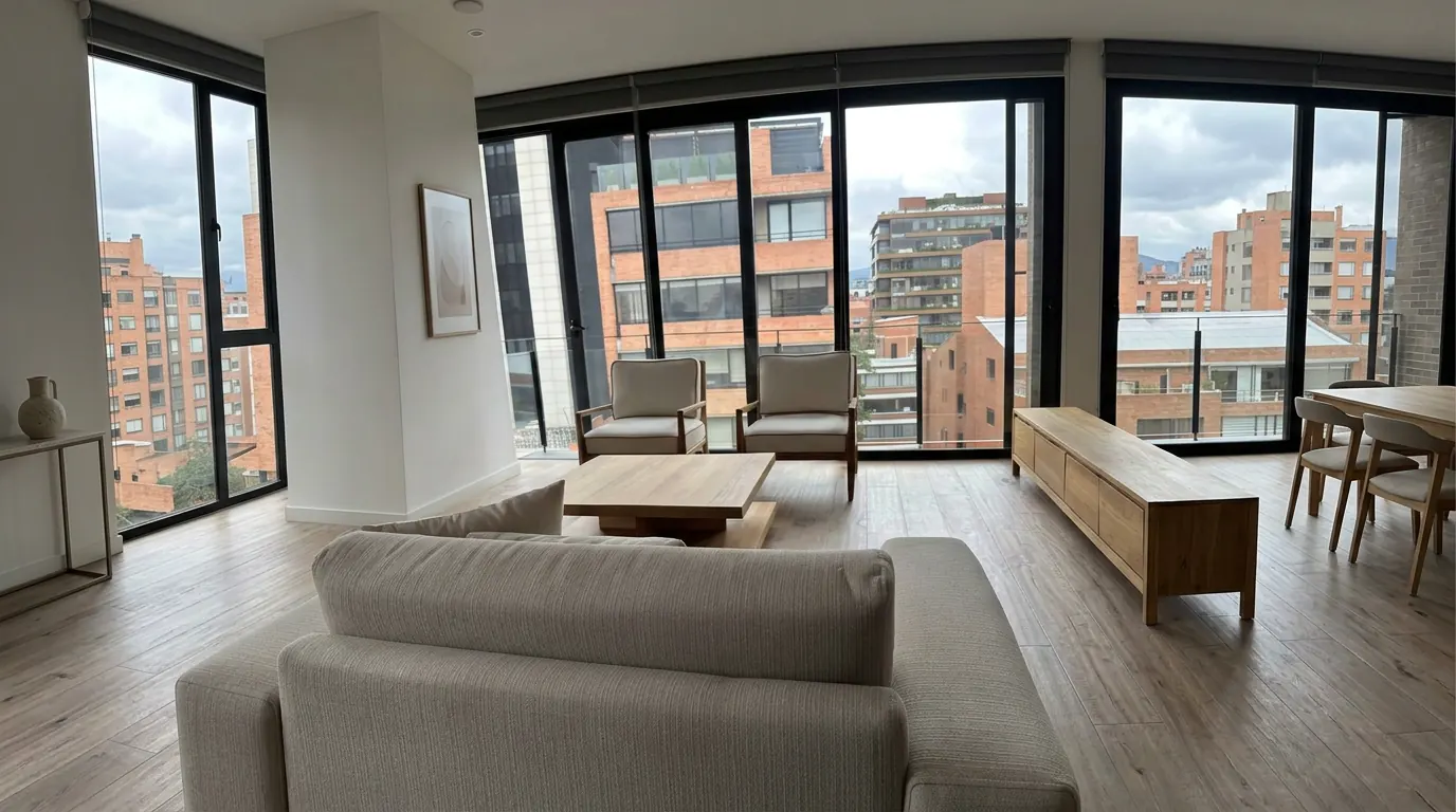 Furnished living room for rent with sofa and coffee table